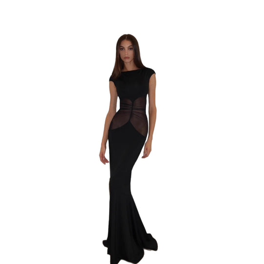Damen Elegant figurbetontes Maxikleid mit transparenten Einsätzen R&B