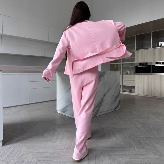 Damen elegantes Loungewear-Set mit Taillengürtel und praktischen Taschen R&B