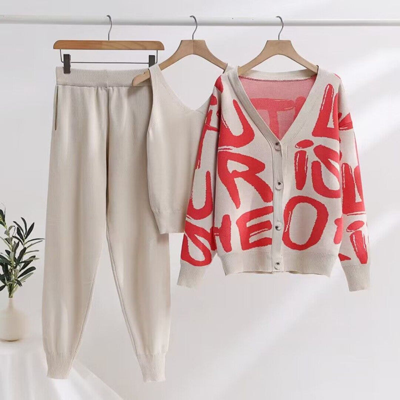 Damen gemütliches Strick-Loungewear-Set mit Dekorativem Schriftzug R&B