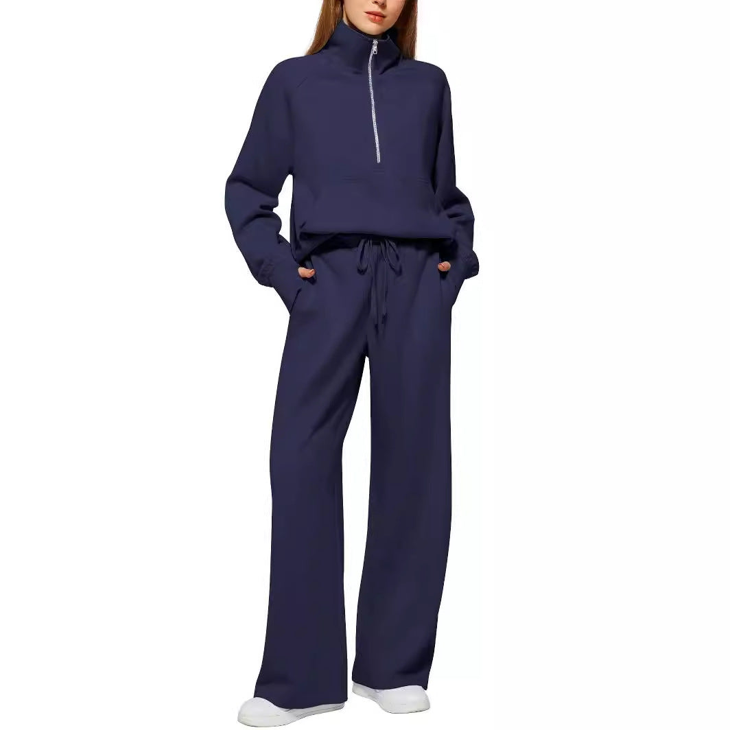 Damen Freizeit Sweatpants-Anzug mit hohem Kragen und Kängurutasche R&B