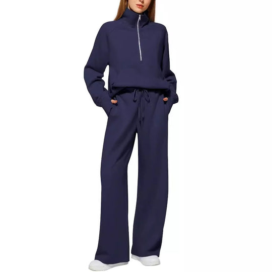 Damen Freizeit Sweatpants-Anzug mit hohem Kragen und Kängurutasche R&B