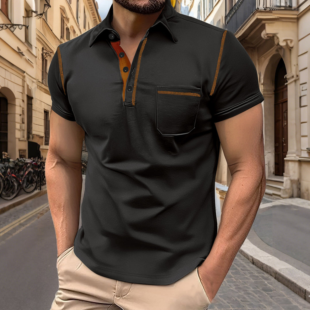 Herren nan Kurzarm-Polo mit Brusttasche, kontrastierender Steppnaht und Hemdkragen R&B