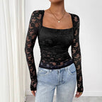 Damen Spitzen-Bodysuit mit quadratischem Ausschnitt und langen Ärmeln R&B
