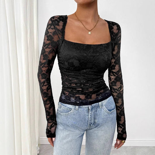 Damen Spitzen-Bodysuit mit quadratischem Ausschnitt und langen Ärmeln R&B