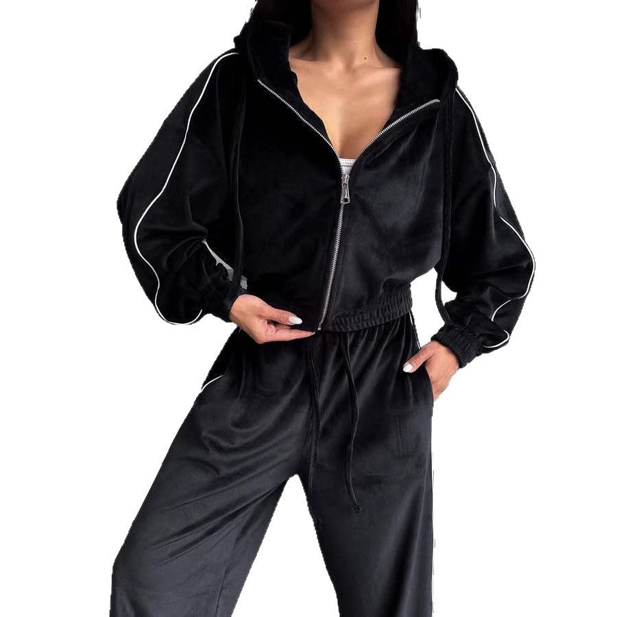 Damen Loungewear-Anzug aus hochwertigem Velours mit Kapuze und elastischem Bund R&B