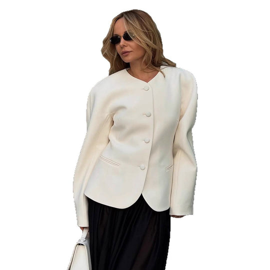 Damen Elegante Blazerjacke mit modischen Puffärmeln und dekorativem Knopfdesign R&B