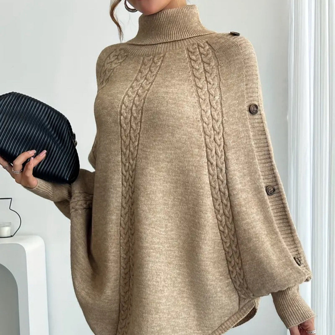 Damen Eleganter Strickponcho mit Rollkragen und Zopfmuster R&B