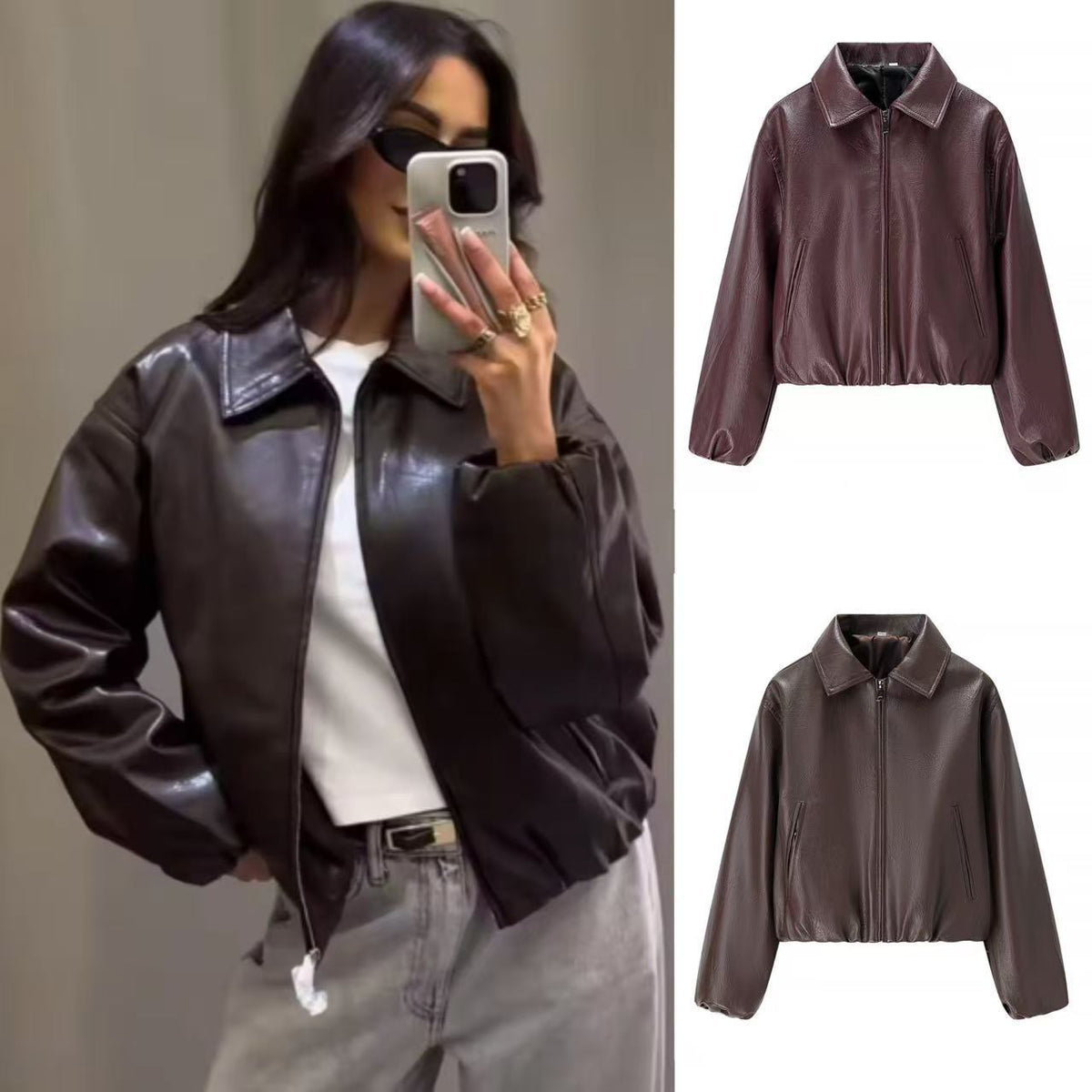 Damen nan kurze Glanz-Kunstlederjacke mit Hemdkragen, verdecktem Reißverschluss und elastischem Bund R&B
