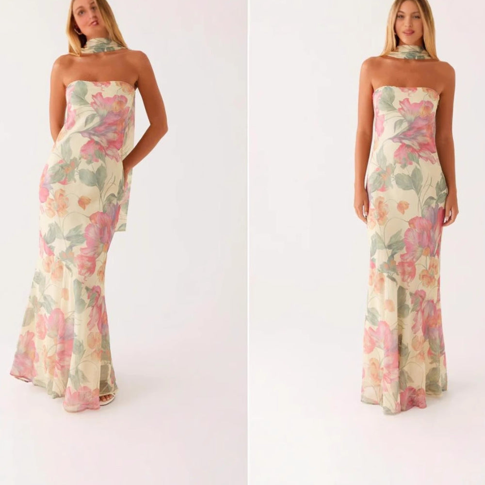 Damen Elegantes Langarm Abendkleid im Blumendesign R&B