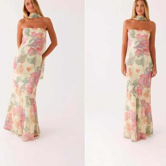 Damen Elegantes Langarm Abendkleid im Blumendesign R&B