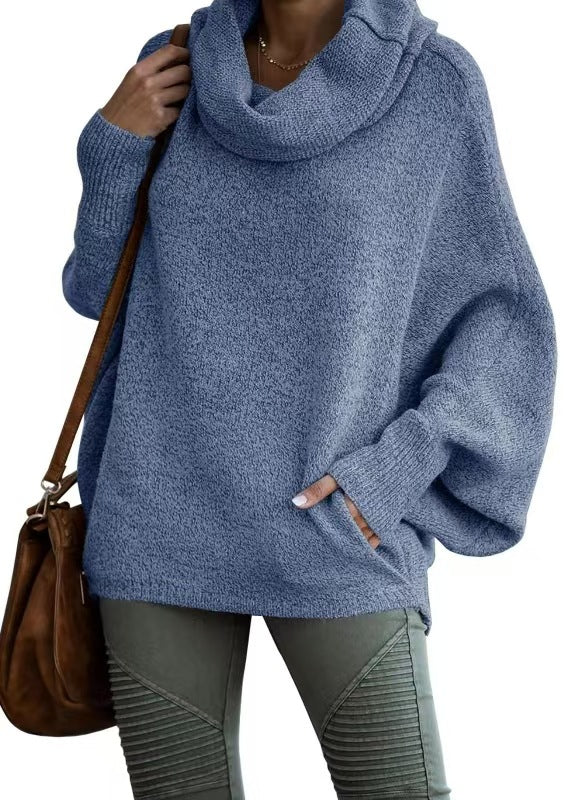 Damen lässiger Strickpullover mit weichem Stehkragen und weit geschnittenen Ärmeln R&B