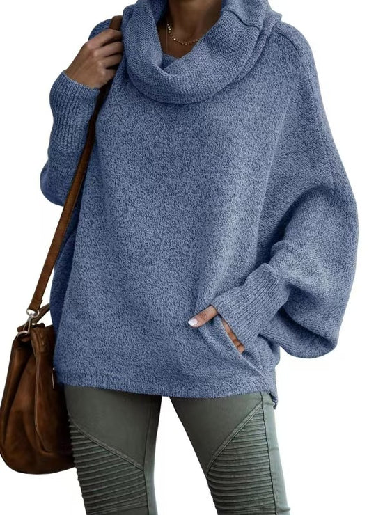 Damen lässiger Strickpullover mit weichem Stehkragen und weit geschnittenen Ärmeln R&B
