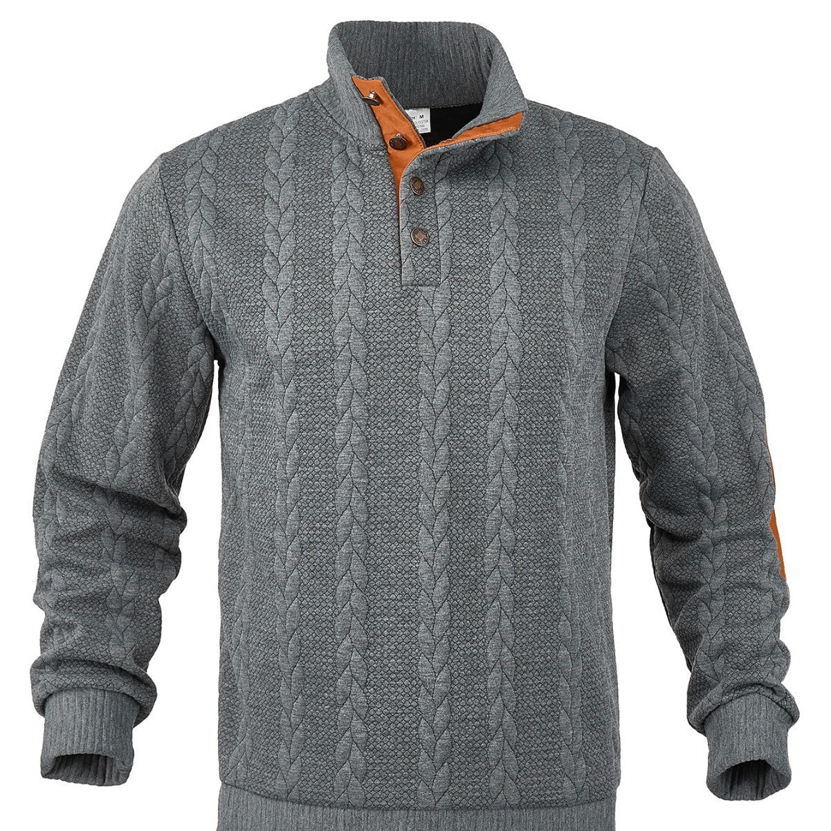 Herren nan Zopfmuster-Pullover mit Stehkragen, halber Knopfleiste und Ellbogenpatches R&B