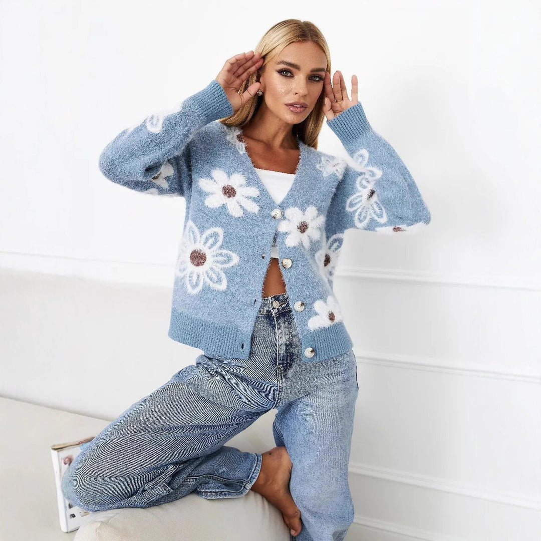 Damen Strickjacke mit floralem Muster und komfortabler Passform R&B