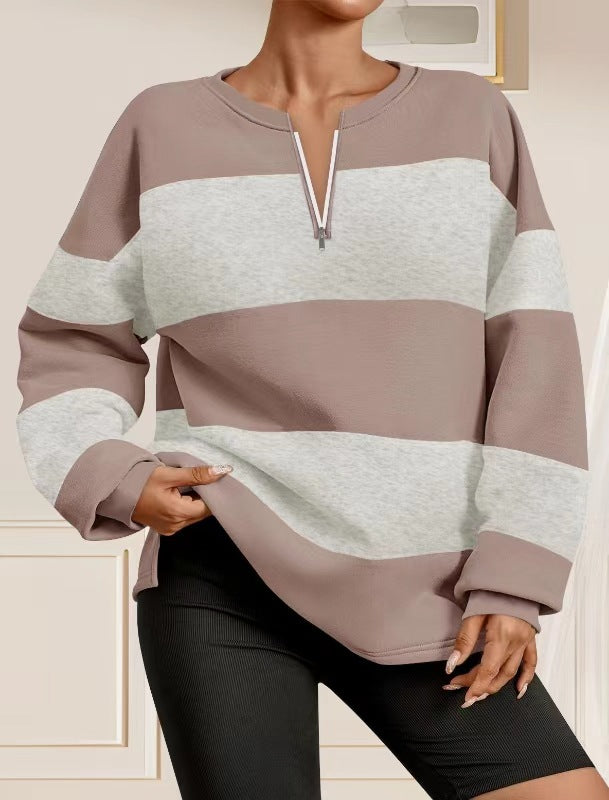 Damen modischer Sweatpullover mit Reißverschluss und gestreiftem Design R&B