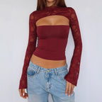 Damen Elegantes Oberteil mit transparenten Ärmeln und hochwertiger Spitze R&B