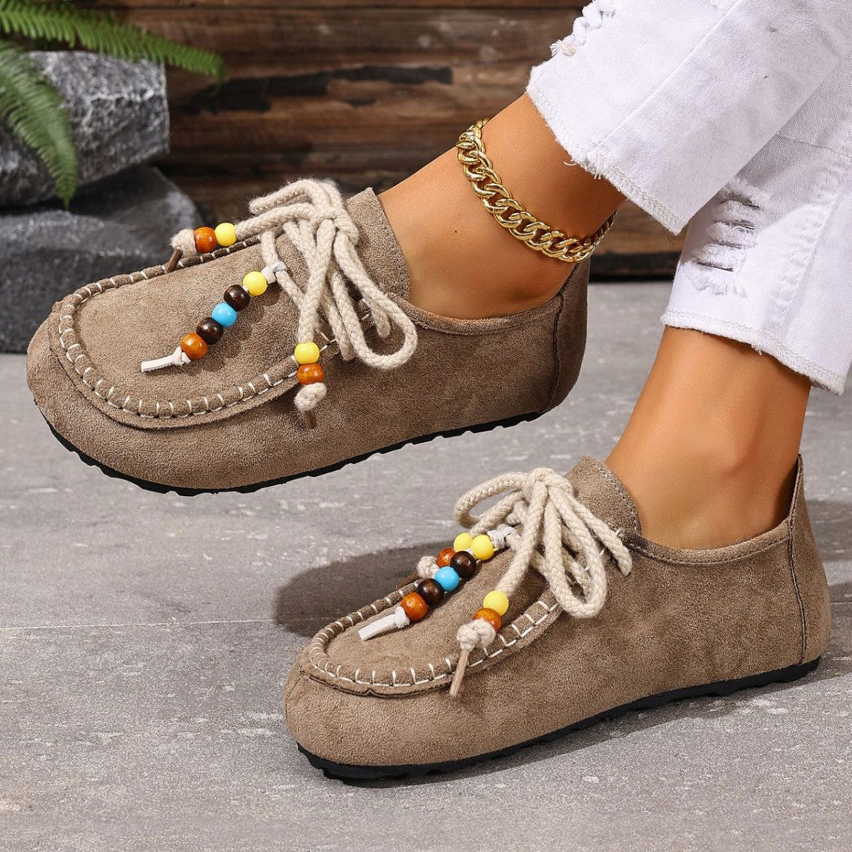 Damen Mokassin-Schuhe mit farbenfrohen Charakterperlen und rutschfester Sohle R&B
