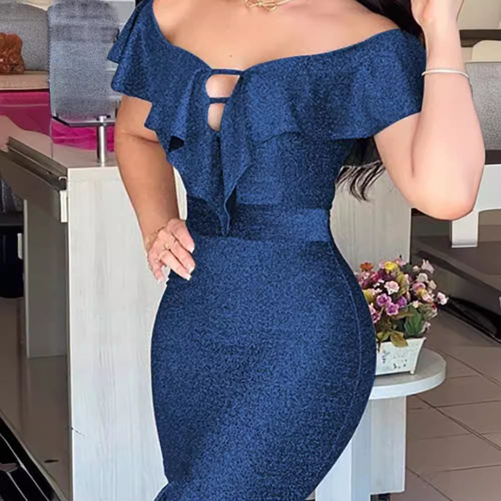 Damen figurbetontes Abendkleid mit Volant und Off-Shoulder Design R&B