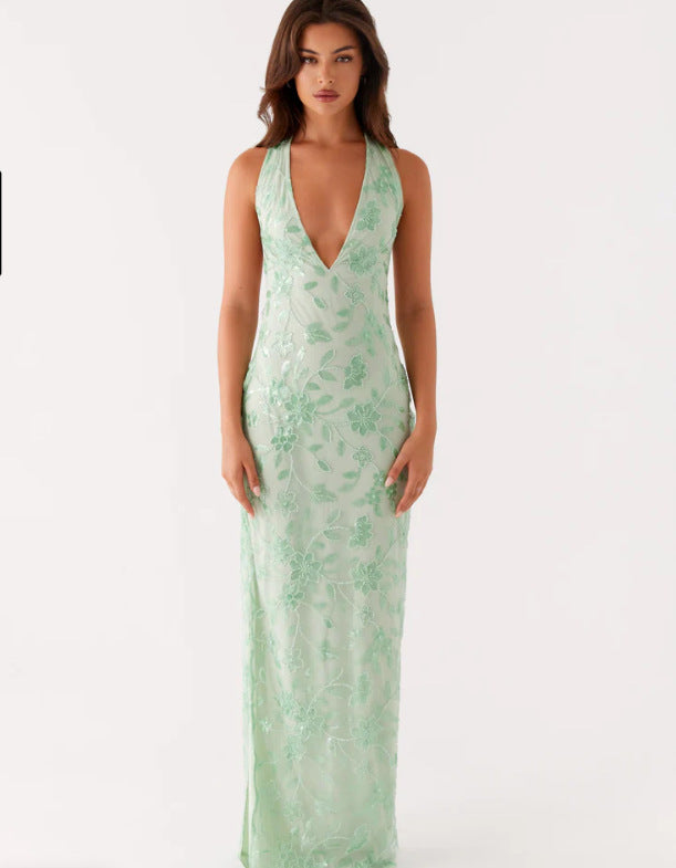 Damen Elegantes Langarmkleid mit floralem Spitzenüberzug und tiefem V-Ausschnitt R&B