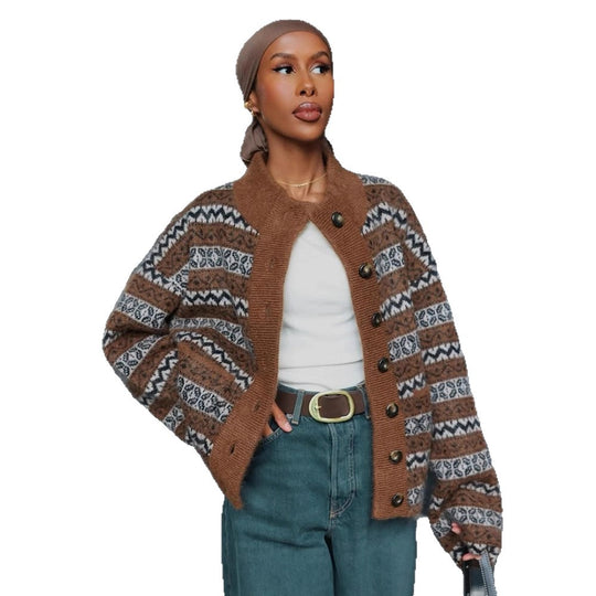 Damen Jacquard Strickjacke mit Knopfleiste und modischem Muster R&B