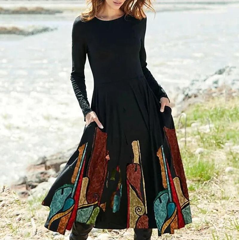 Damen nan Boho-Maxikleid mit taillierter Empire-Passe, langen Ärmeln und Seitentaschen R&B
