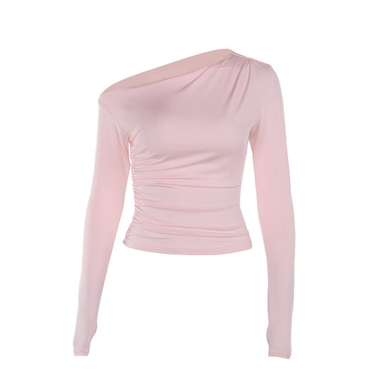 Damen Langarm-Crop-Top mit asymmetrischem Ausschnitt und Raffung R&B