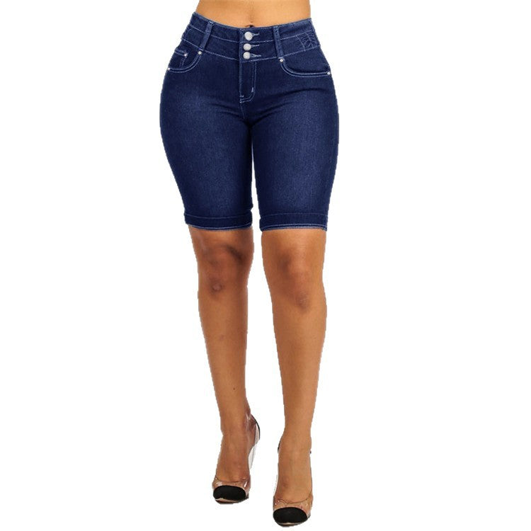 Damen Jeans-Shorts mit hohem Taillenbund und modischen Knopfdetails R&B
