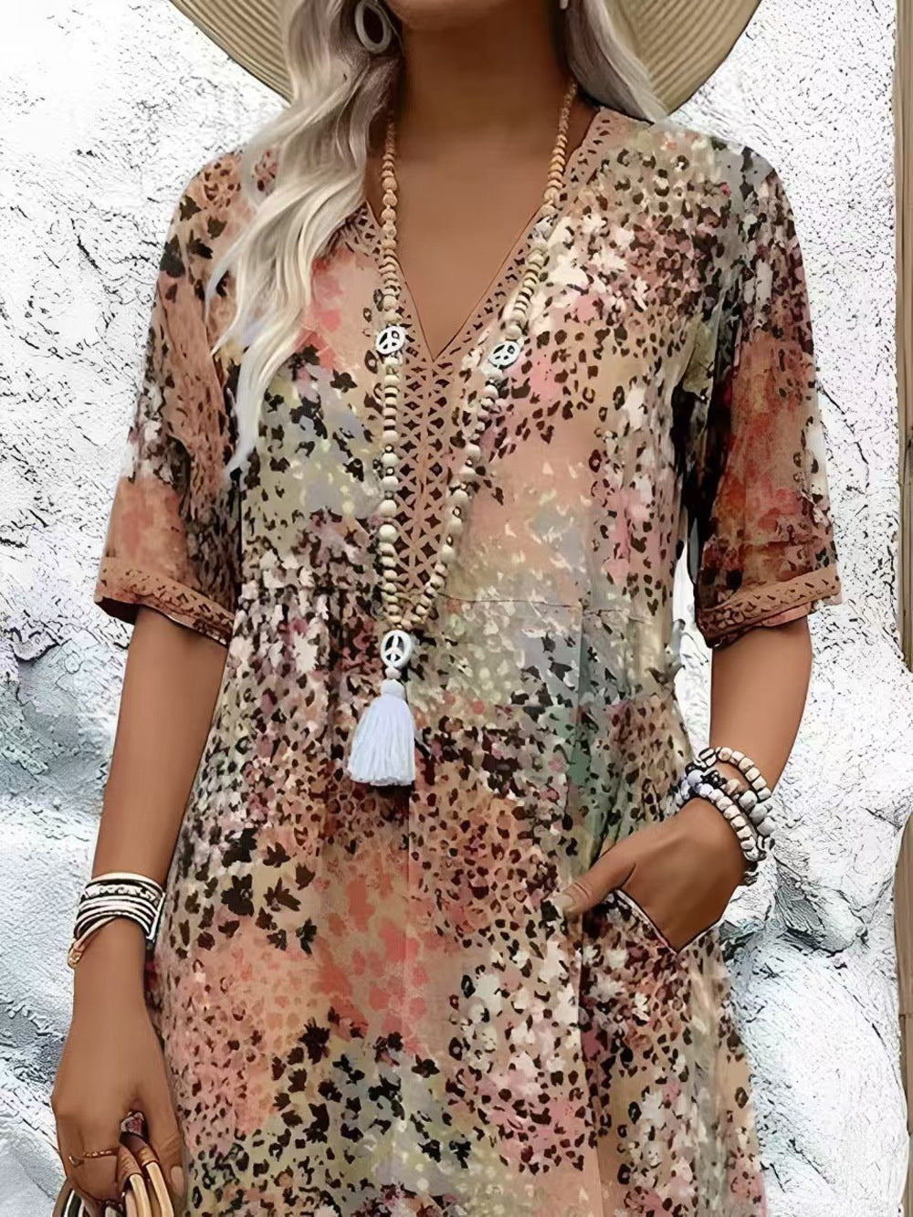 Damen Maxikleid mit V-Ausschnitt und praktischen Seitentaschen R&B