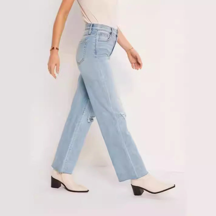 Damen Weit geschnittene High-Waist Jeans mit modischen Destroyed-Details R&B