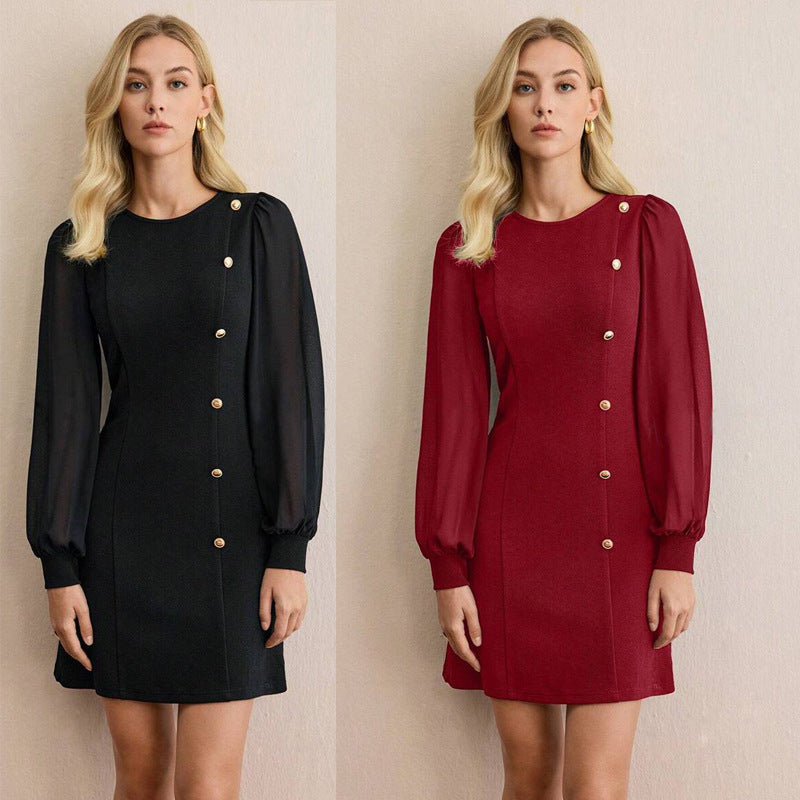 Damen elegantes Minikleid mit Puffärmeln und dekorativen Knopfdetails R&B