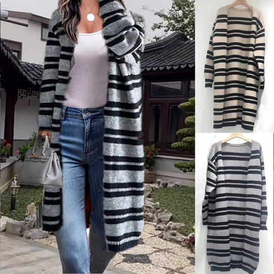 Damen Langer Strickcardigan mit modernen Streifen und lässigem Schnitt R&B