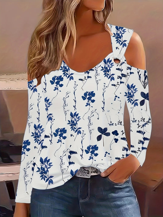Damen Elegantes Langarmshirt mit kühlem Schulterdesign und floralem Druck R&B