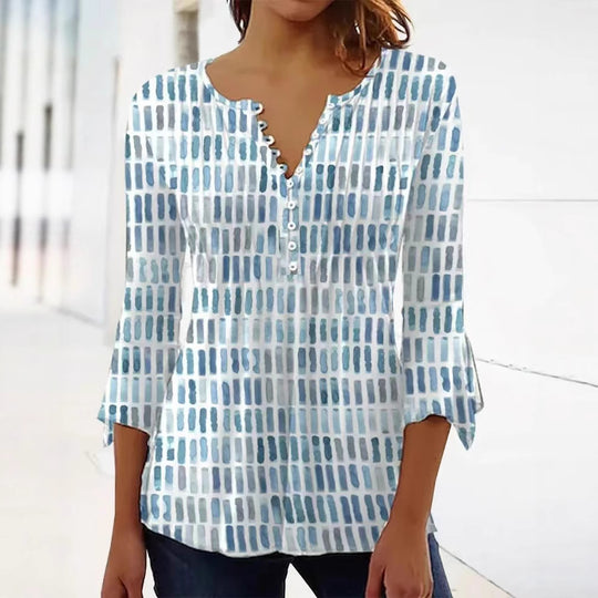 Damen nan luftig leichtes Aquarell-Print Blusenshirt mit Henley-Knopfleiste und dreiviertel Glockenärmeln R&B