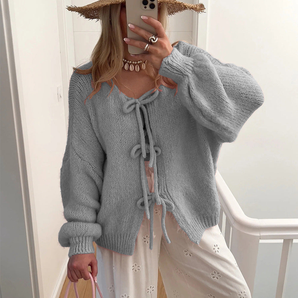 Damen lässiger Strickmantel mit Schleifenverschluss und voluminösen Ärmeln R&B