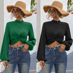 Damen modisches Cropped Blusenoberteil mit voluminösen Ärmeln und eleganter Knopfleiste R&B