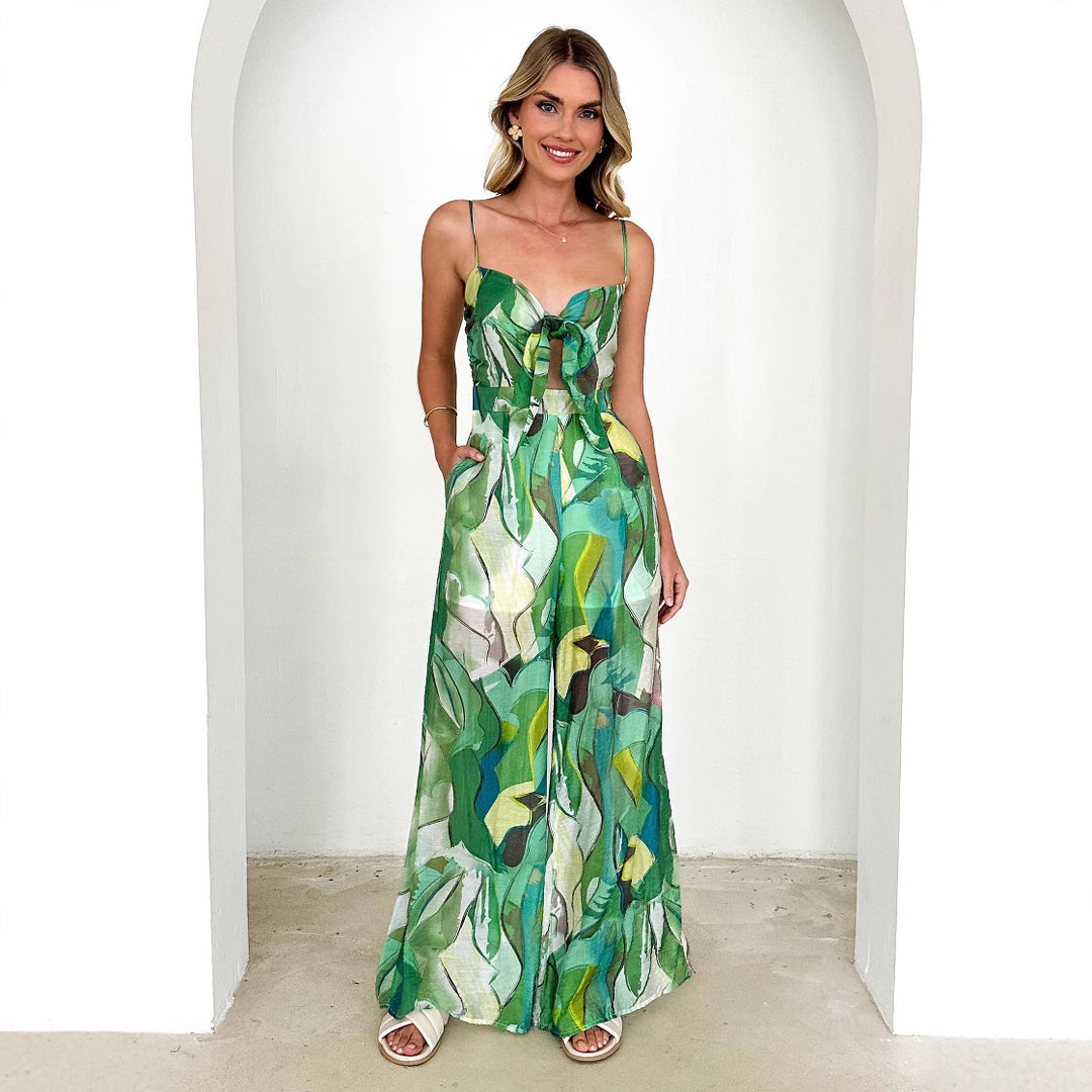 Damen Eleganter Jumpsuit mit floralem Design und verstellbaren Spaghettiträgern R&B