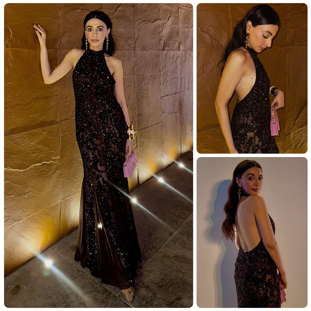 Damen Abendkleid mit schimmerndem Paillettenbesatz und stilvollem Halterdesign R&B