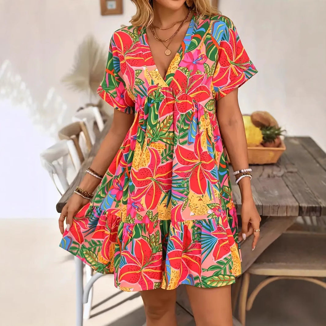 Damen kurzärmliges Freizeitkleid mit floralem Muster und Rüschendetails R&B