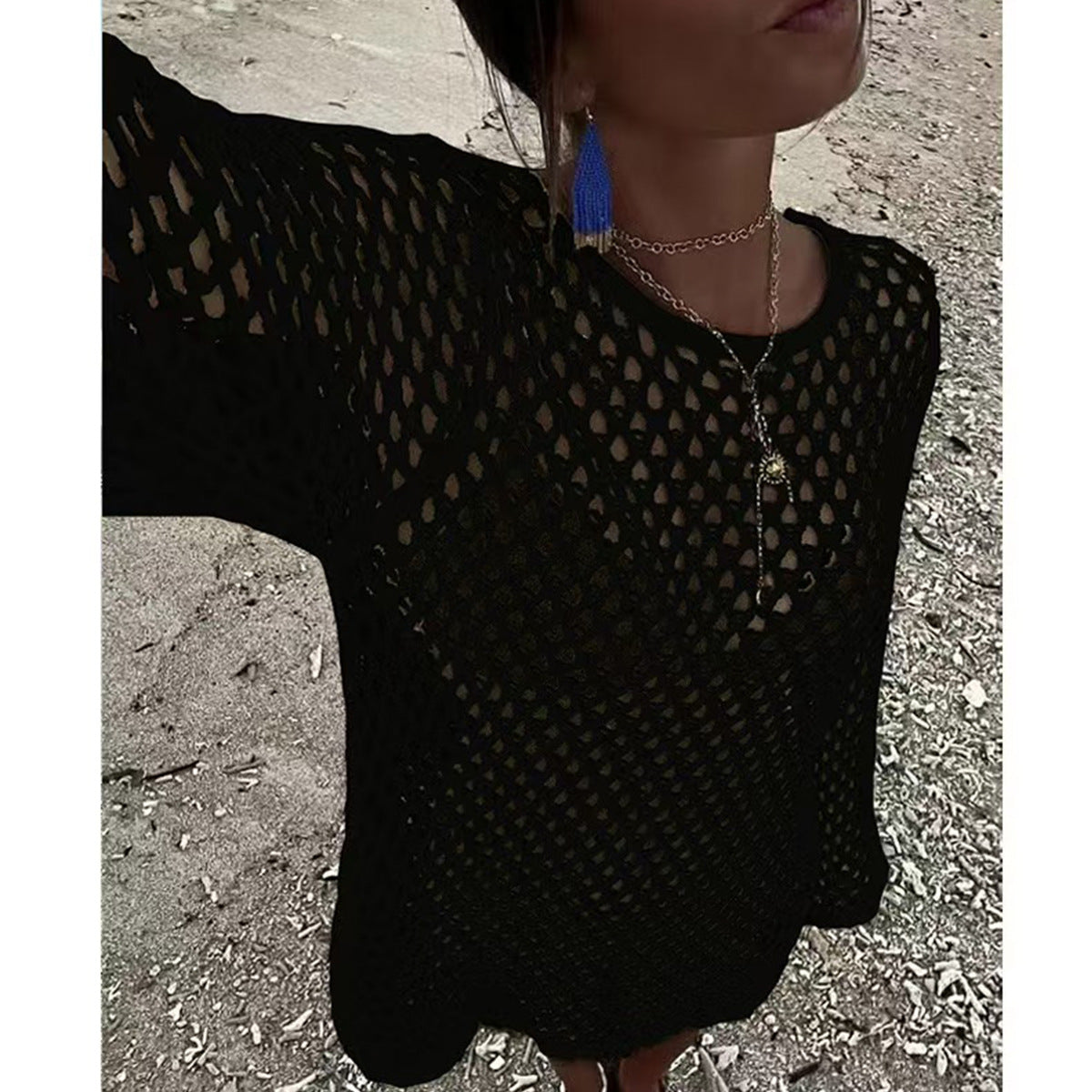 Damen luftiger Häkel-Strandüberwurf mit weiten Ärmeln und asymmetrischem Saum R&B