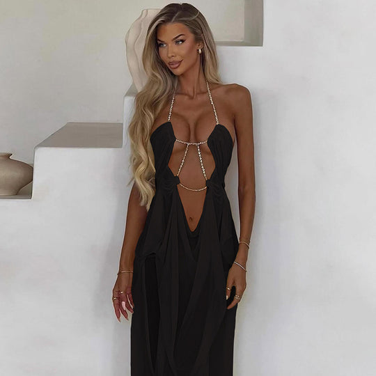 Damen Glamouröses Maxi-Kleid mit transparentem Design und geschmückten Ausschnitten R&B