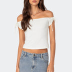 Damen raffiniertes Off-Shoulder T-Shirt mit eleganten BindR&Bändern R&B