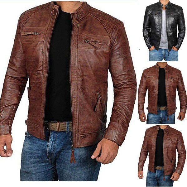 Herren Lederjacke mit Stehkragen und Ziernähten R&B