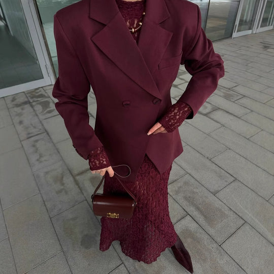 Damen Maxikleid aus feiner Spitze mit langem Arm und hochgeschlossenem Design R&B