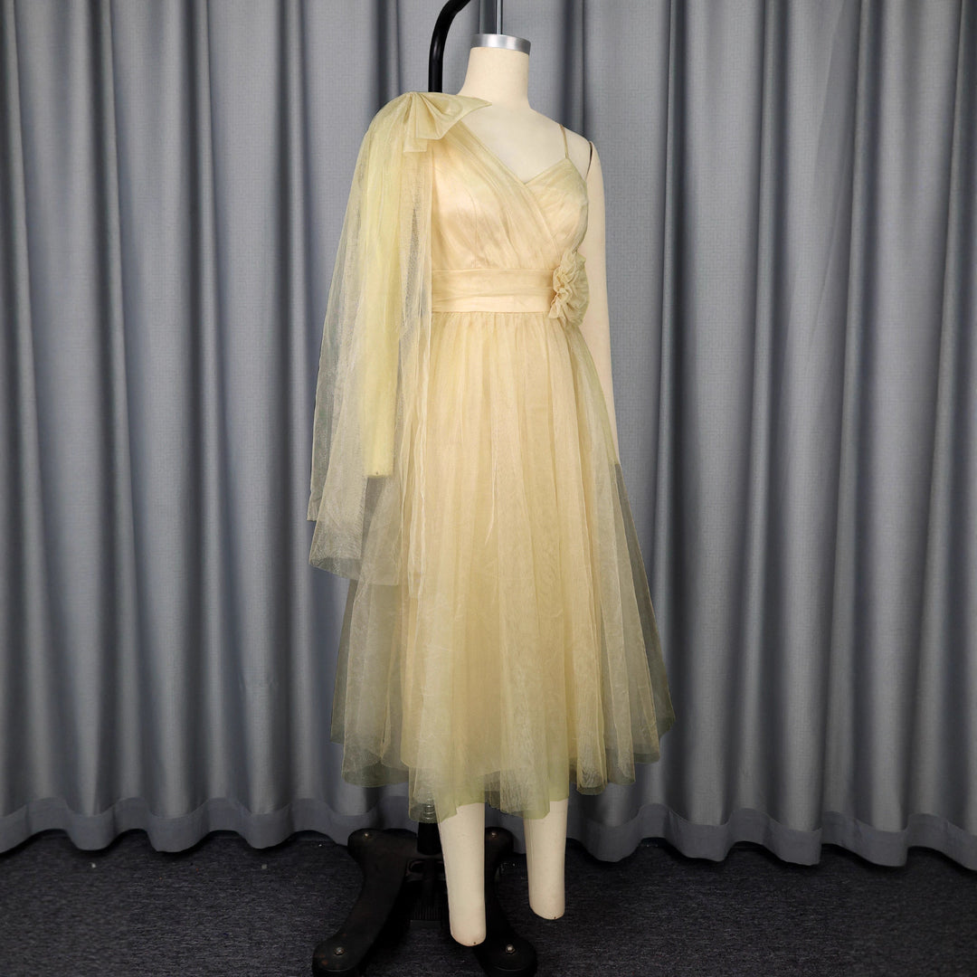Damen festliches Midikleid mit asymmetrischem Chiffon-Overlay und floraler Applikation R&B