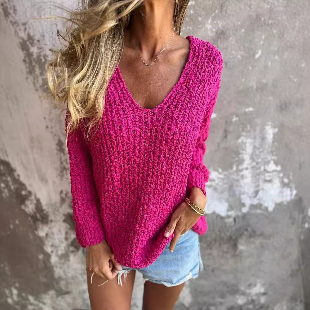 Damen Bequemes V-Ausschnitt Sweatshirt mit Struktur und langen Ärmeln R&B