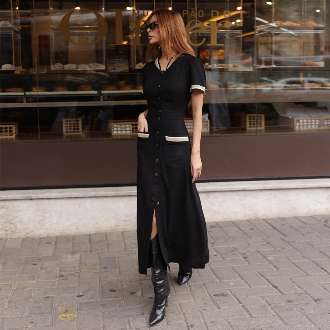 Damen Maxikleid mit eleganter Knopfleiste und seitlichem Schlitz R&B