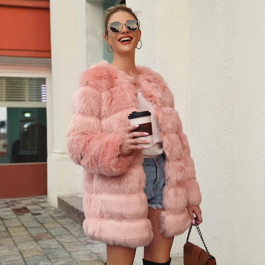 Damen Lange Kunstfelljacke mit voluminösem Schnitt und modernem Design R&B