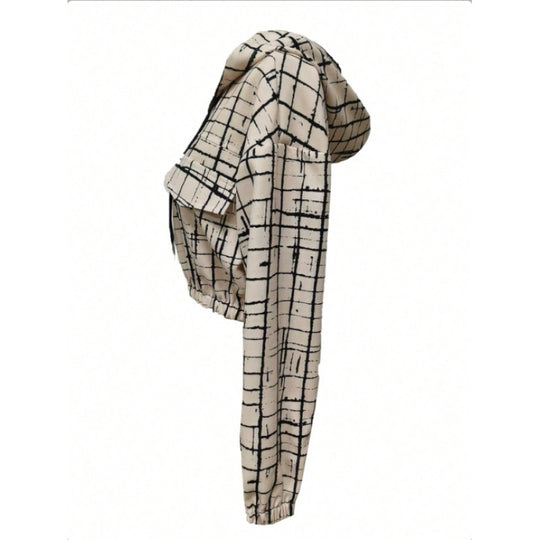 Damen stylische kurz geschnittene Jacke mit geometrischem Muster und moderner Kängurutasche R&B