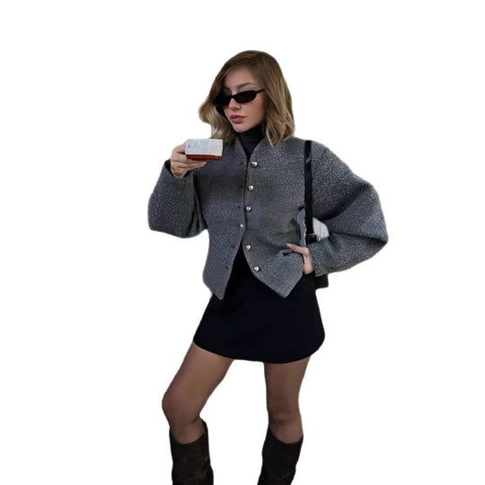 Damen elegante Kurzjacke mit stilvollen Knöpfen und voluminösen Ärmeln R&B