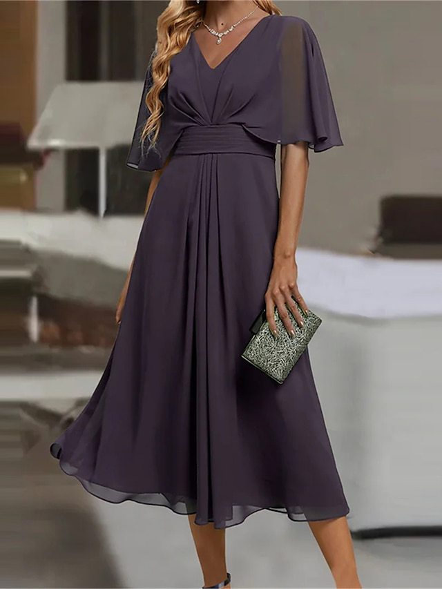 Damen elegantes Midikleid mit fließendem Stoff und asymmetrischen Ärmeln R&B